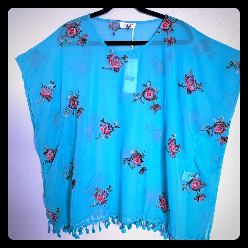 NWT Julia Top Tunic Women’s Floral Embroidered Sheer With Tassels One Size